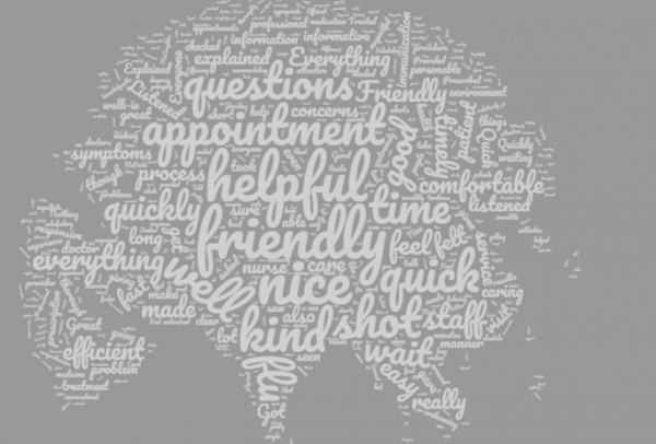 Grey background Word Cloud of positive comments from the Patient Satisfaction Survey